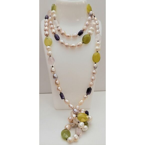 Pearl, Quartz Amethyst Knotted Strand Necklace 60" Long, K129 - Picture 9 of 9
